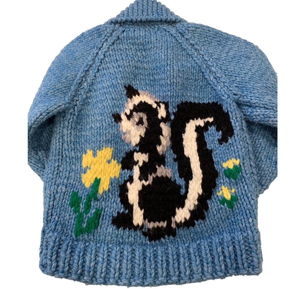 60s VTG Mary Maxim Rare‎ Hand Knit Wool Skunk Cardigan Kids 2T-3T Cowichan-style